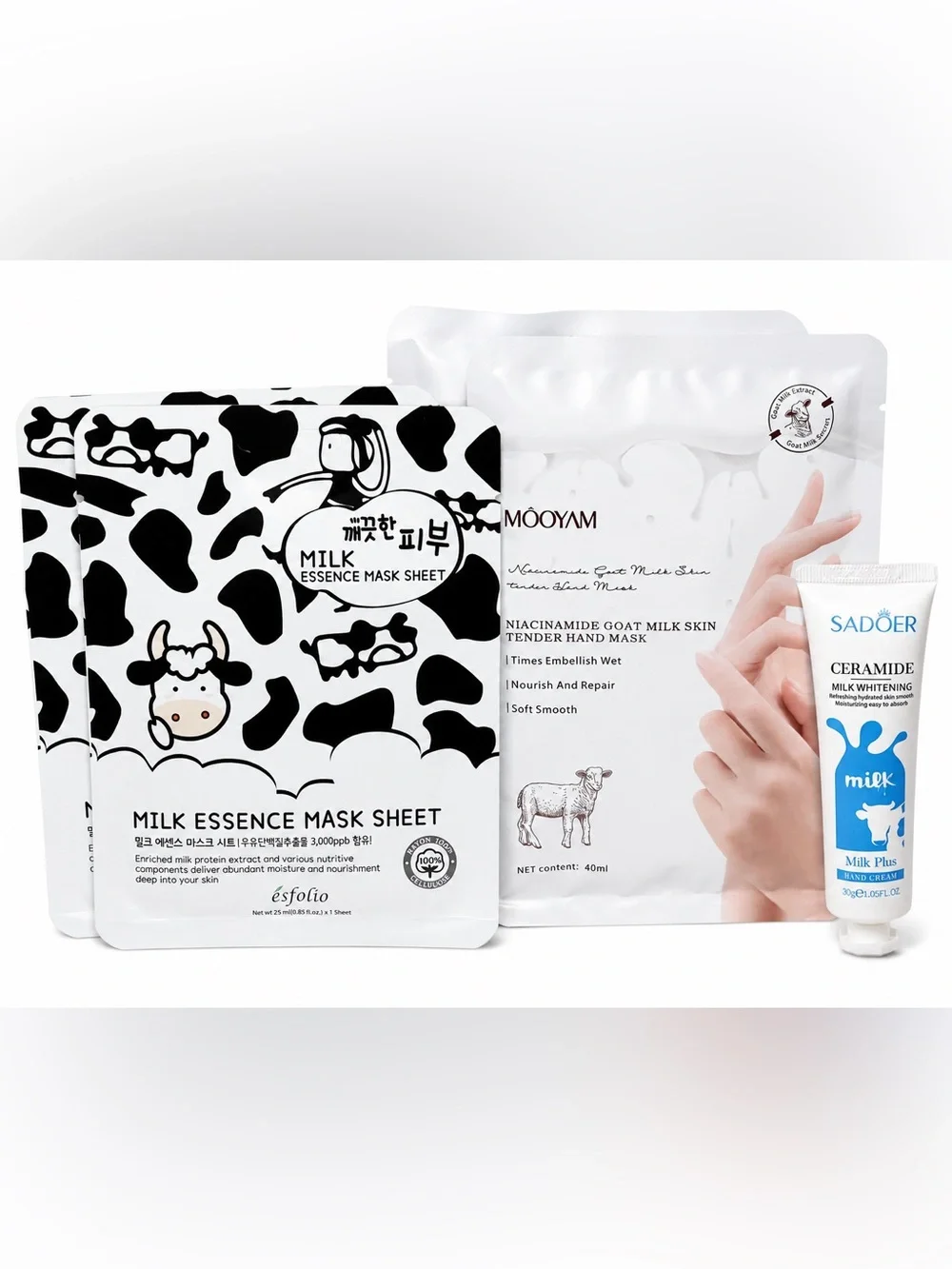 K-Beauty Essence Mask Sheet, Goat Milk Hand Mask and Milk Plus Hand Cream